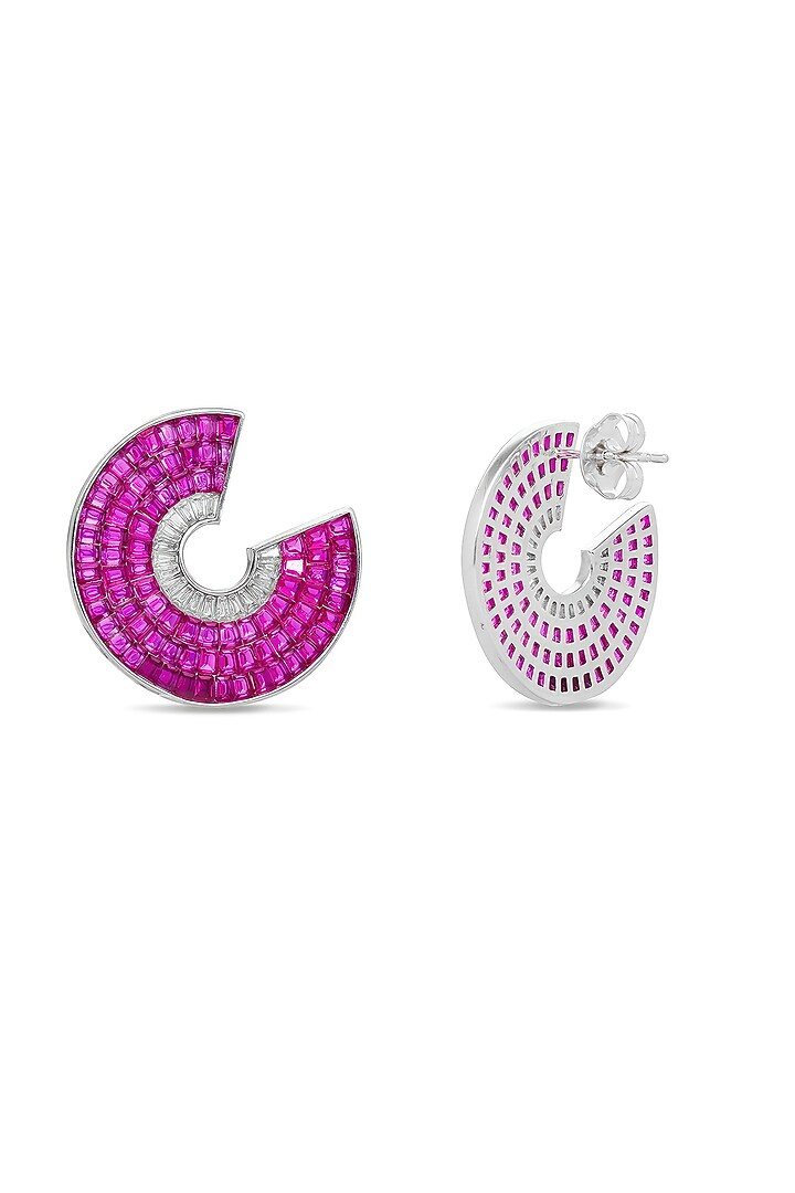White Rhodium Finish Ruby Spinel Stone Circlets Stud Earrings In Sterling Silver by MISS JO at Pernia's Pop Up Shop