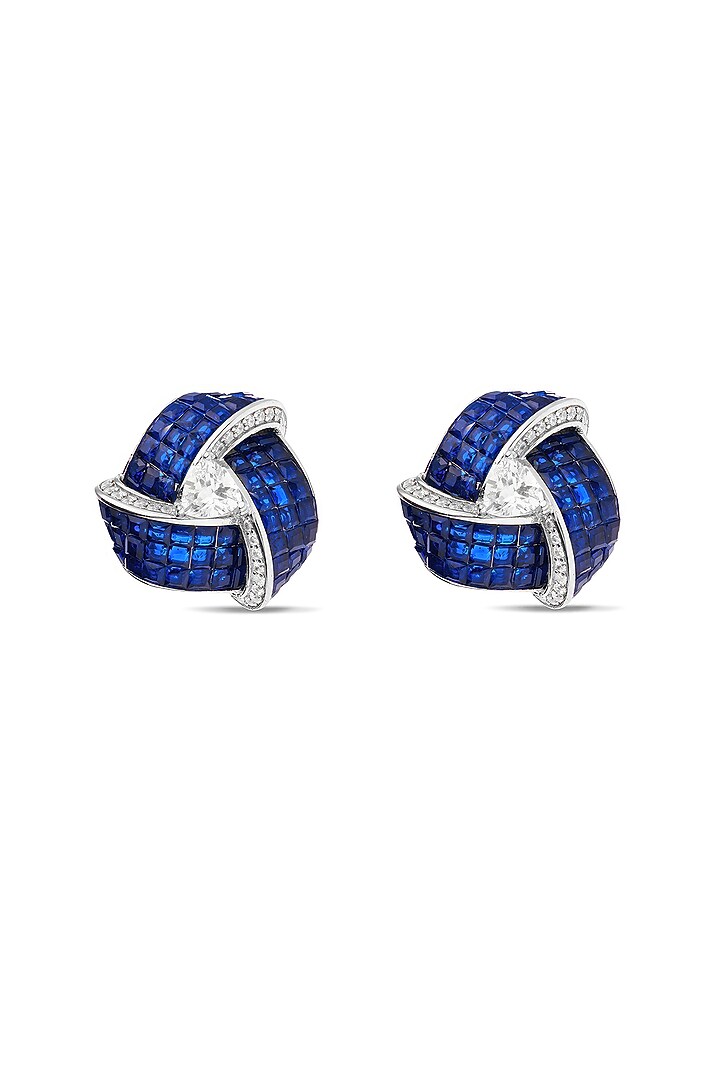 White Rhodium Finish Zircon & Sapphire Stone Stud Earrings In Sterling Silver by MISS JO at Pernia's Pop Up Shop