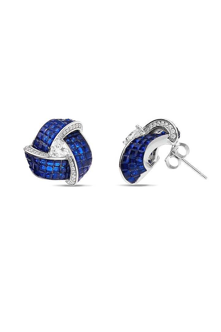 White Rhodium Finish Zircon & Sapphire Stone Stud Earrings In Sterling Silver by MISS JO at Pernia's Pop Up Shop