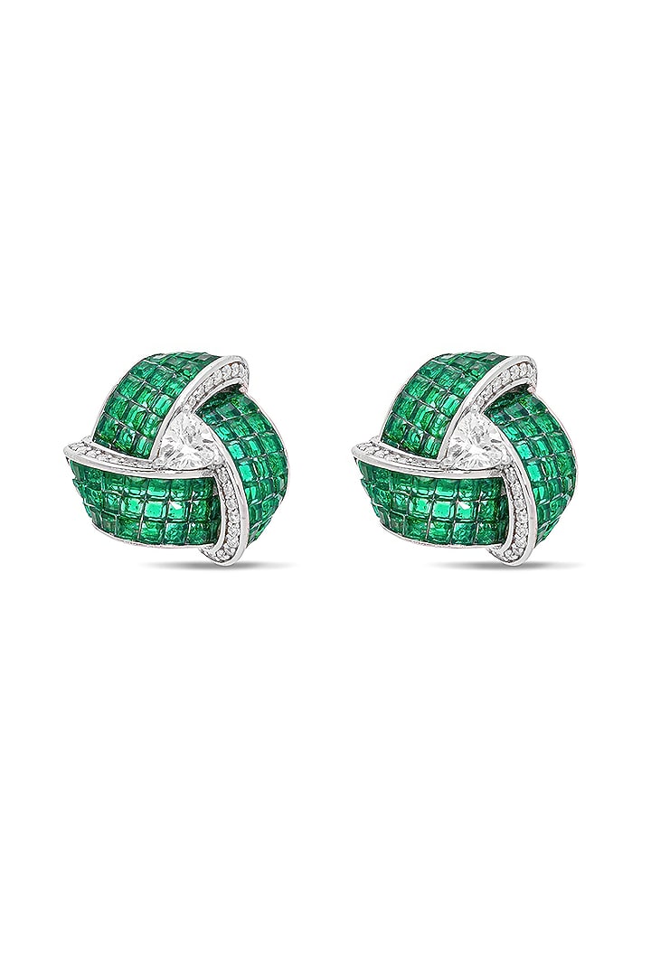 White Rhodium Finish Zircon & Emerald Stone Stud Earrings In Sterling Silver by MISS JO at Pernia's Pop Up Shop