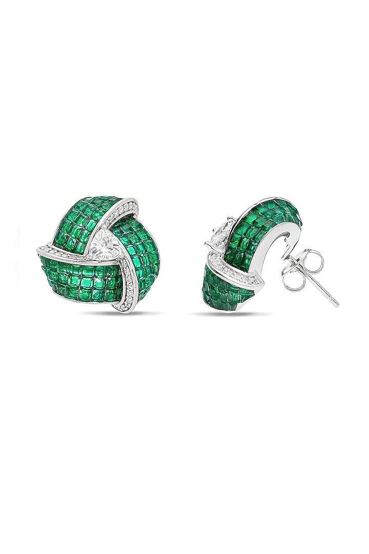 White Rhodium Finish Zircon & Emerald Stone Stud Earrings In Sterling Silver by MISS JO at Pernia's Pop Up Shop