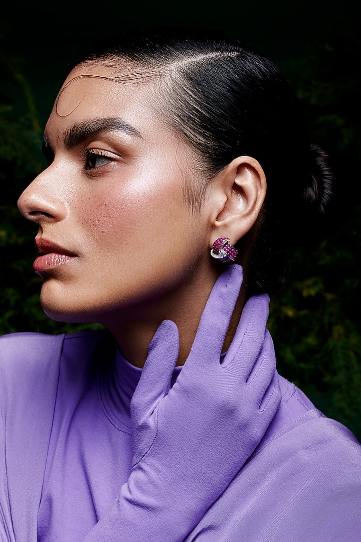 White Rhodium Finish Zircon & Ruby Stone Stud Earrings In Sterling Silver by MISS JO at Pernia's Pop Up Shop