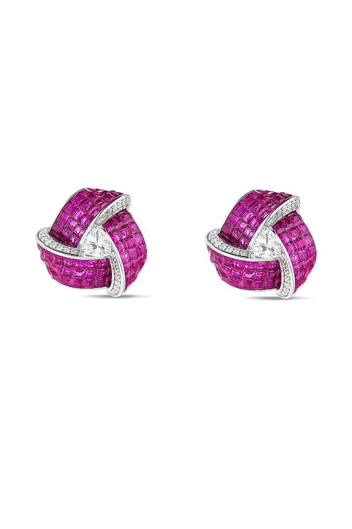 White Rhodium Finish Zircon & Ruby Stone Stud Earrings In Sterling Silver by MISS JO at Pernia's Pop Up Shop