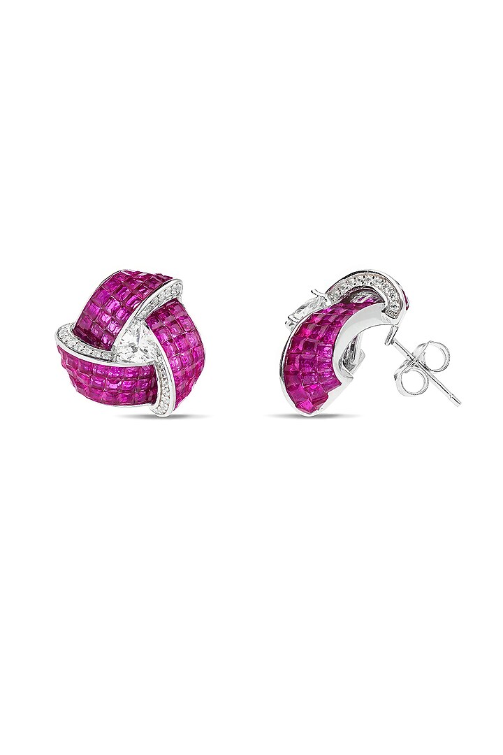 White Rhodium Finish Zircon & Ruby Stone Stud Earrings In Sterling Silver by MISS JO at Pernia's Pop Up Shop
