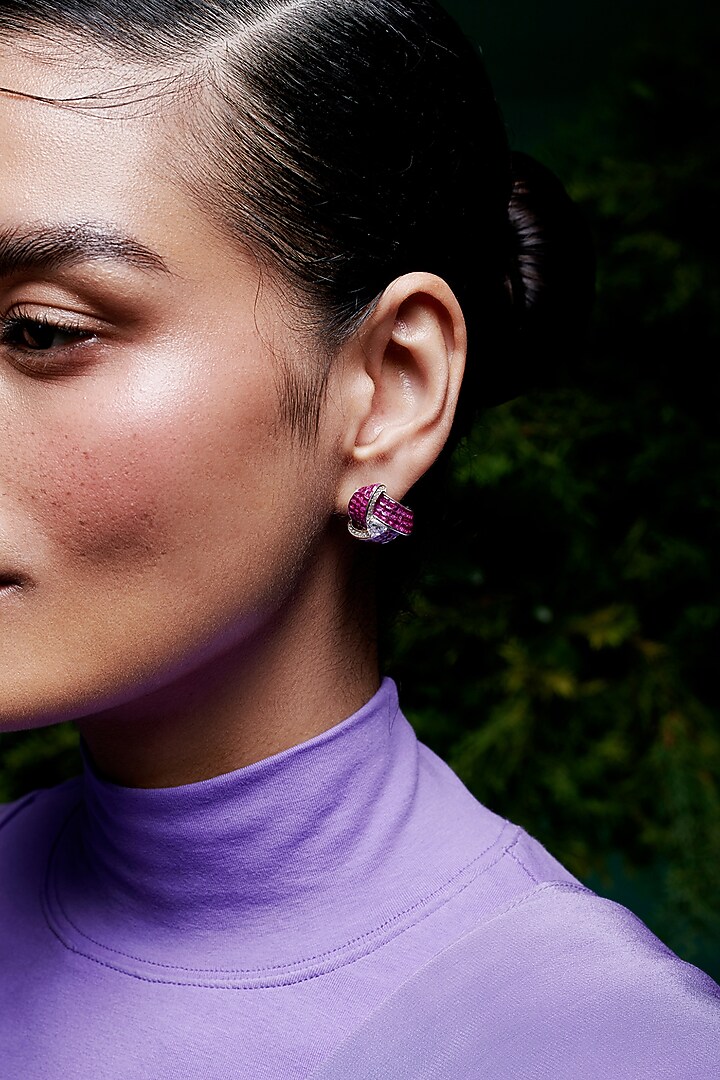 White Rhodium Finish Zircon & Ruby Stone Stud Earrings In Sterling Silver by MISS JO at Pernia's Pop Up Shop