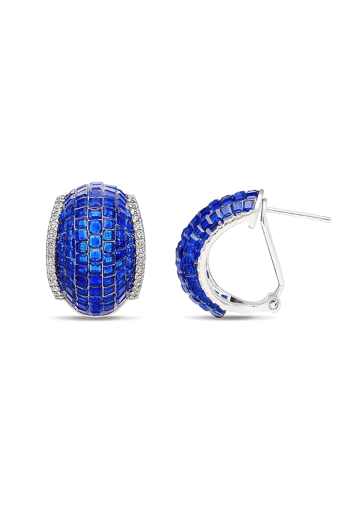 White Rhodium Finish Sapphire Spinel Stone Huggie Earrings In Sterling Silver by MISS JO at Pernia's Pop Up Shop