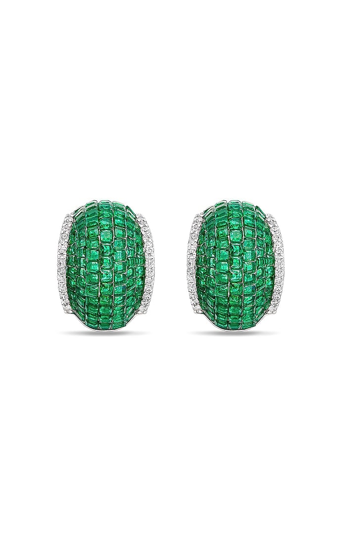 White Rhodium Finish Emerald Spinel Stone Huggie Earrings In Sterling Silver by MISS JO at Pernia's Pop Up Shop