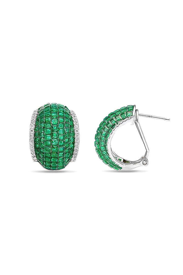 White Rhodium Finish Emerald Spinel Stone Huggie Earrings In Sterling Silver by MISS JO at Pernia's Pop Up Shop