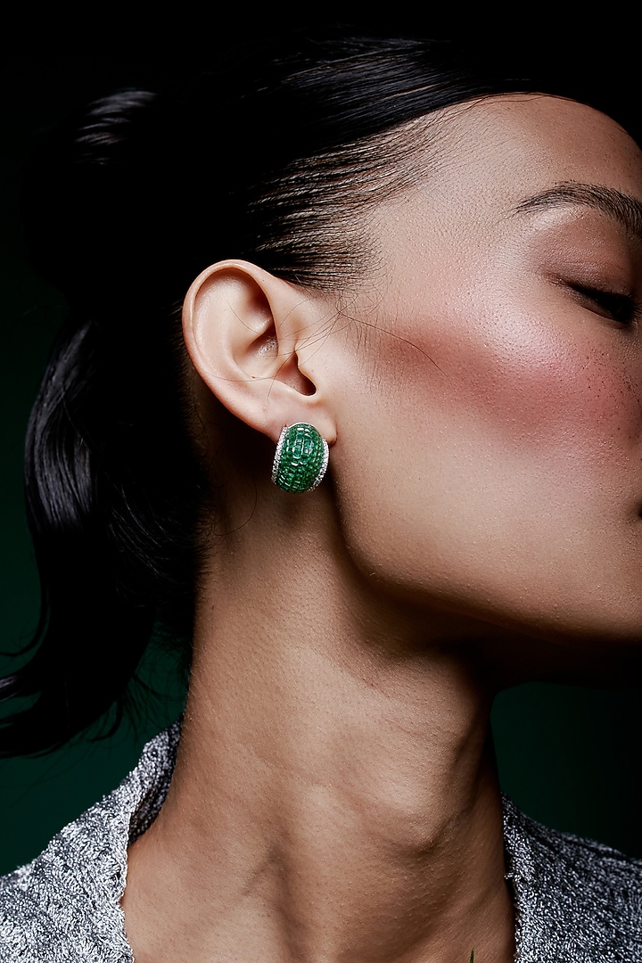 White Rhodium Finish Emerald Spinel Stone Huggie Earrings In Sterling Silver by MISS JO at Pernia's Pop Up Shop