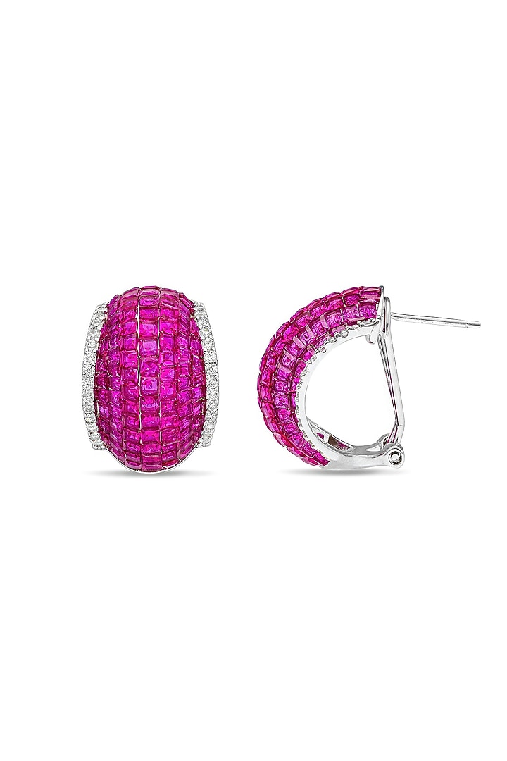 White Rhodium Finish Ruby Spinel Stone Huggie Earrings In Sterling Silver by MISS JO at Pernia's Pop Up Shop