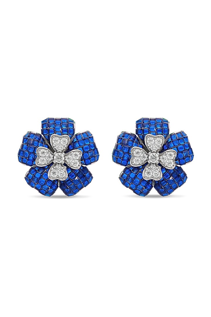 White Rhodium Finish Cubic Zirconia & Sapphire Stud Earrings In Sterling Silver by MISS JO at Pernia's Pop Up Shop
