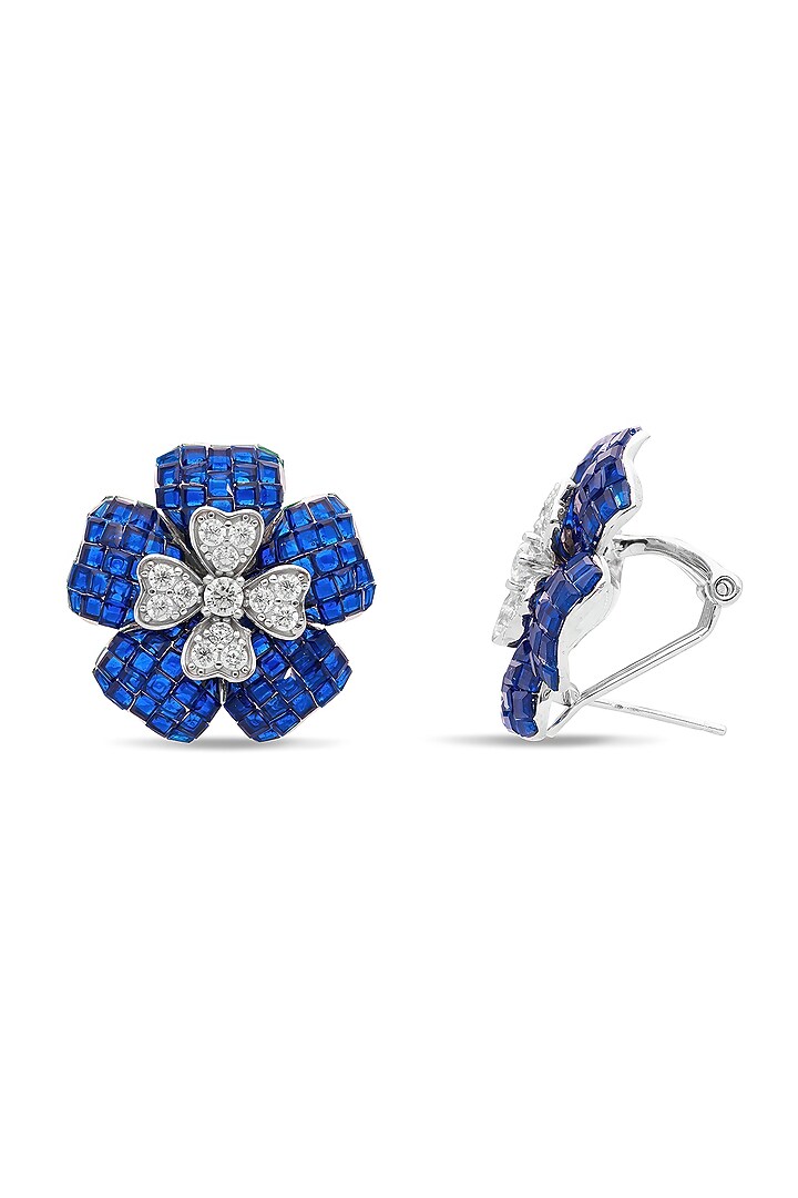 White Rhodium Finish Cubic Zirconia & Sapphire Stud Earrings In Sterling Silver by MISS JO at Pernia's Pop Up Shop