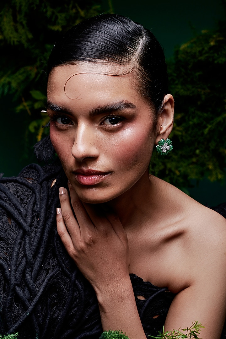 White Rhodium Finish Cubic Zirconia & Emerald Stud Earrings In Sterling Silver by MISS JO at Pernia's Pop Up Shop