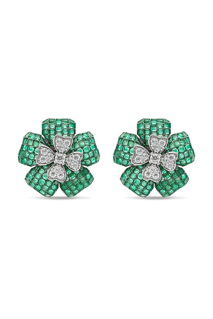 White Rhodium Finish Cubic Zirconia & Emerald Stud Earrings In Sterling Silver by MISS JO at Pernia's Pop Up Shop