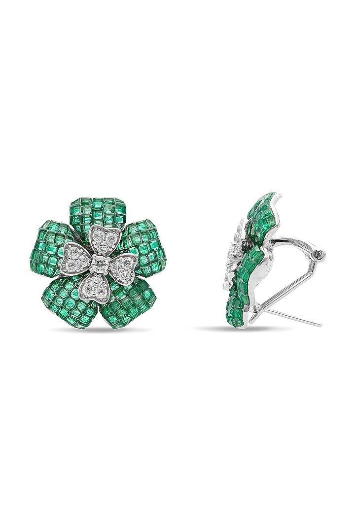 White Rhodium Finish Cubic Zirconia & Emerald Stud Earrings In Sterling Silver by MISS JO at Pernia's Pop Up Shop