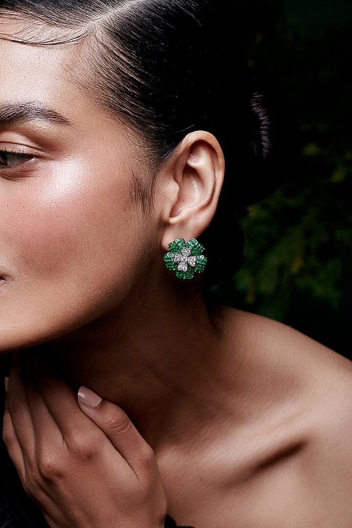 White Rhodium Finish Cubic Zirconia & Emerald Stud Earrings In Sterling Silver by MISS JO at Pernia's Pop Up Shop