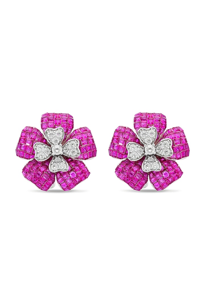 White Rhodium Finish Cubic Zirconia & Ruby Stud Earrings In Sterling Silver by MISS JO at Pernia's Pop Up Shop