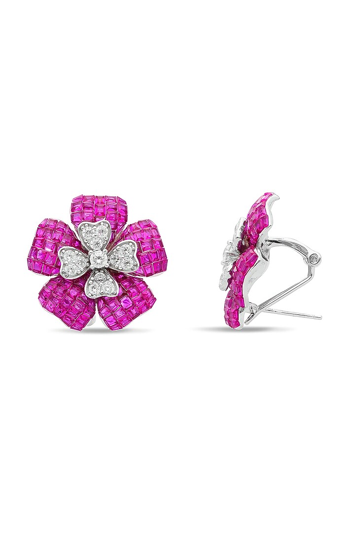 White Rhodium Finish Cubic Zirconia & Ruby Stud Earrings In Sterling Silver by MISS JO at Pernia's Pop Up Shop
