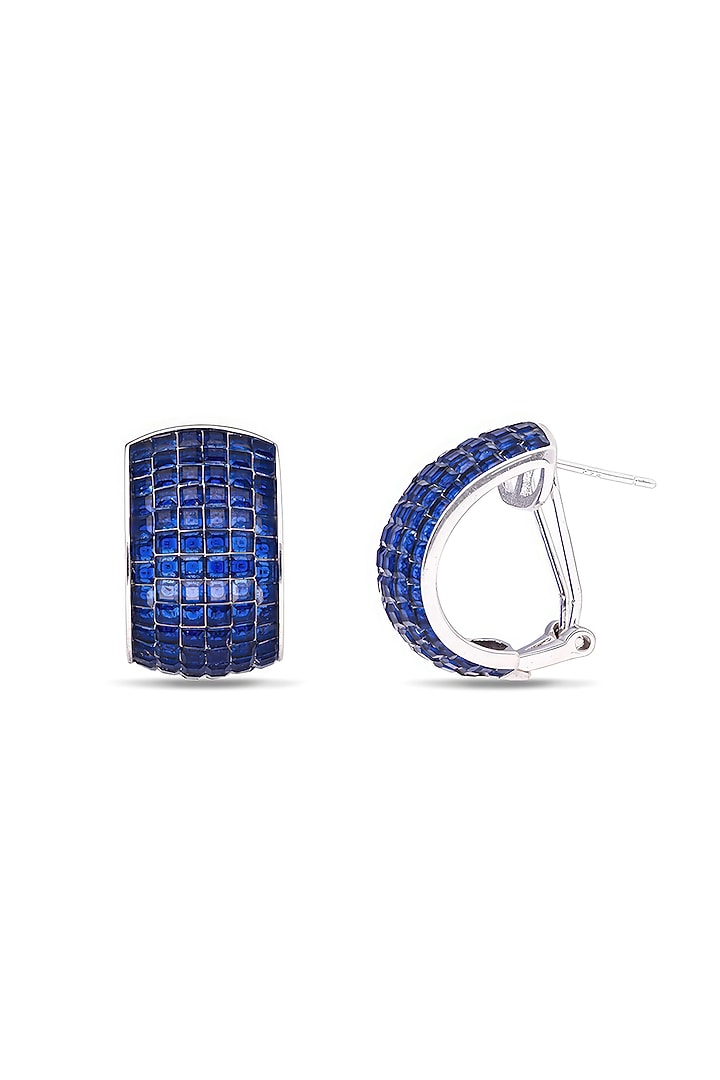 White Rhodium Finish Sapphire Spinel Stone Huggie Earrings In Sterling Silver by MISS JO at Pernia's Pop Up Shop
