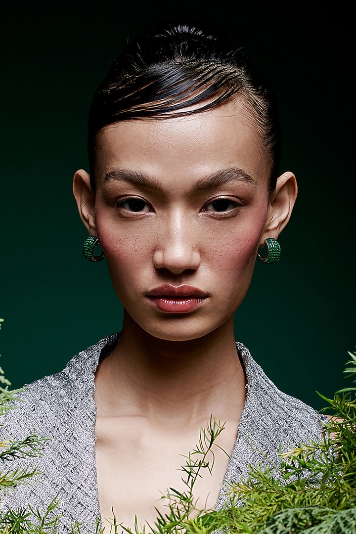 White Rhodium Finish Emerald Spinel Stone Huggie Earrings In Sterling Silver by MISS JO at Pernia's Pop Up Shop