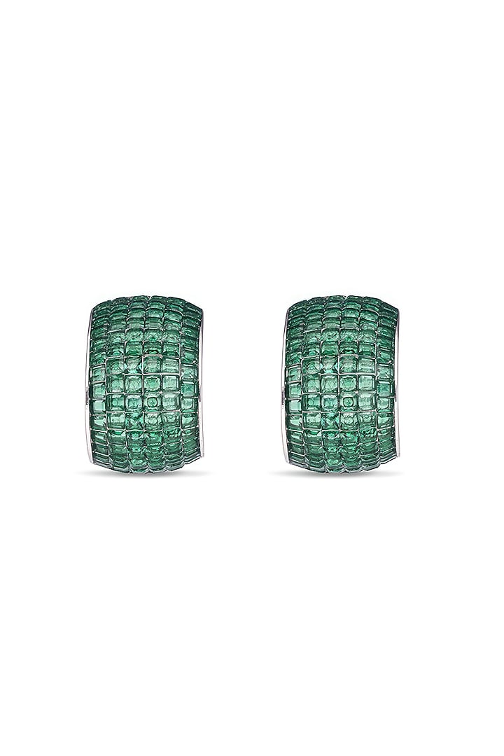 White Rhodium Finish Emerald Spinel Stone Huggie Earrings In Sterling Silver by MISS JO at Pernia's Pop Up Shop