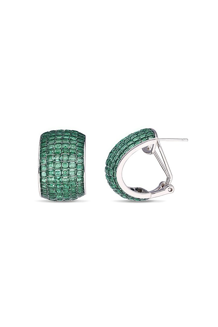 White Rhodium Finish Emerald Spinel Stone Huggie Earrings In Sterling Silver by MISS JO at Pernia's Pop Up Shop