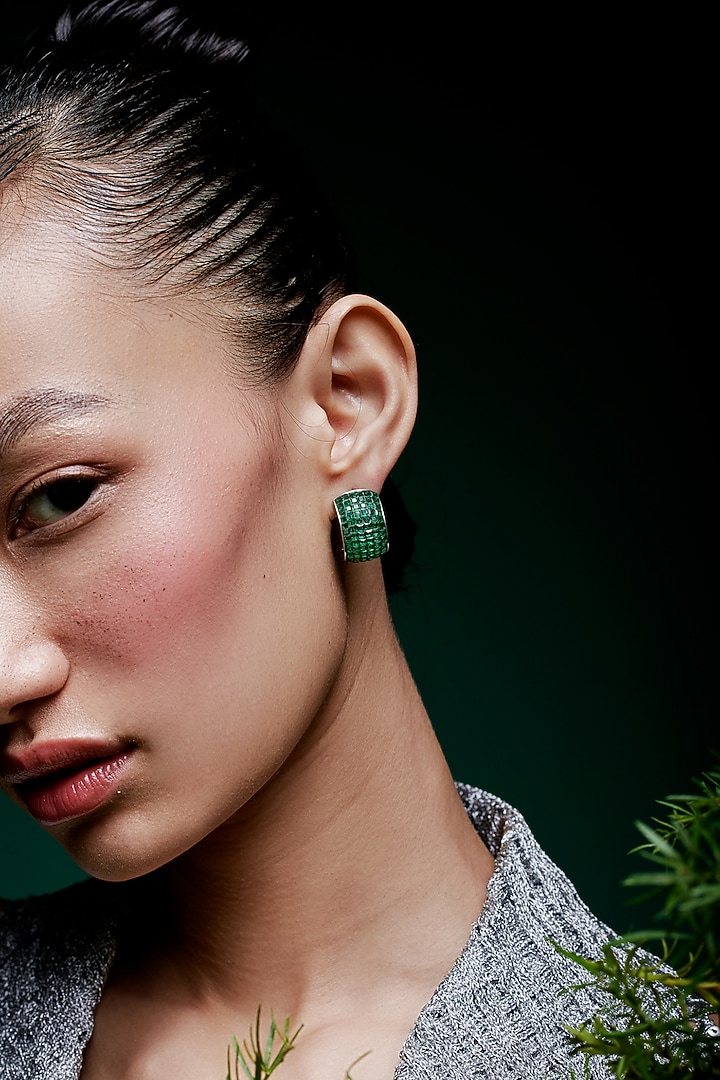 White Rhodium Finish Emerald Spinel Stone Huggie Earrings In Sterling Silver by MISS JO at Pernia's Pop Up Shop