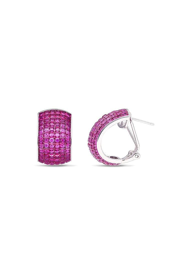 White Rhodium Finish Ruby Spinel Stone Huggie Earrings In Sterling Silver by MISS JO at Pernia's Pop Up Shop