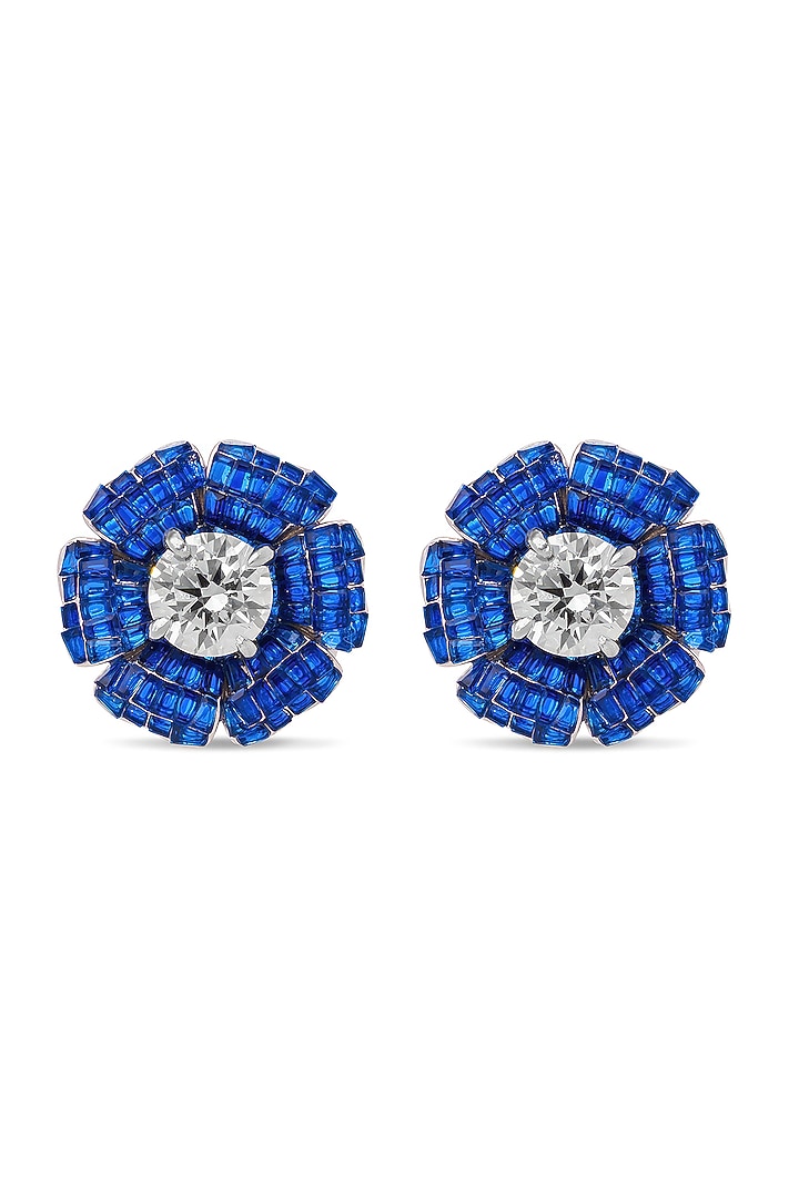 White Rhodium Finish Sapphire Spinel Stone Floral Stud Earrings In Sterling Silver by MISS JO at Pernia's Pop Up Shop