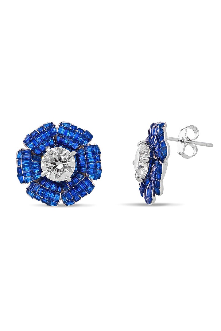 White Rhodium Finish Sapphire Spinel Stone Floral Stud Earrings In Sterling Silver by MISS JO at Pernia's Pop Up Shop