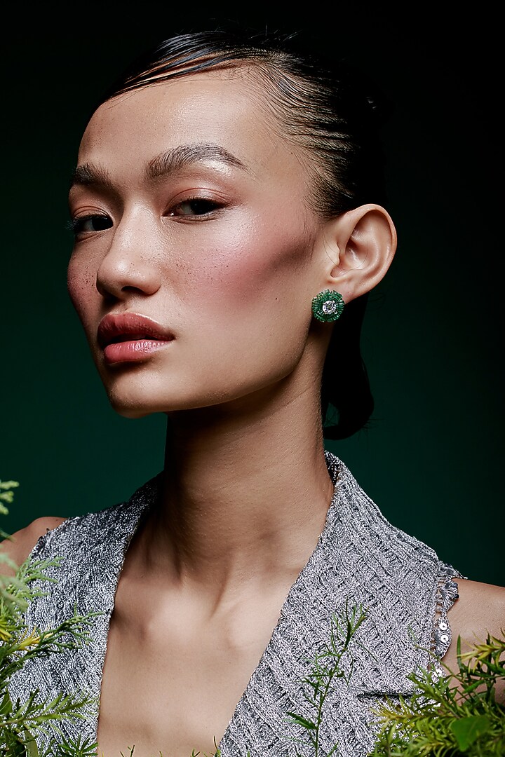 White Rhodium Finish Emerald Spinel Stone Floral Stud Earrings In Sterling Silver by MISS JO at Pernia's Pop Up Shop