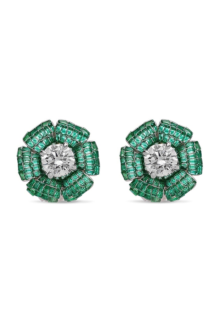 White Rhodium Finish Emerald Spinel Stone Floral Stud Earrings In Sterling Silver by MISS JO at Pernia's Pop Up Shop