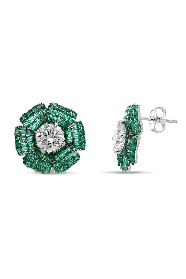 White Rhodium Finish Emerald Spinel Stone Floral Stud Earrings In Sterling Silver by MISS JO at Pernia's Pop Up Shop