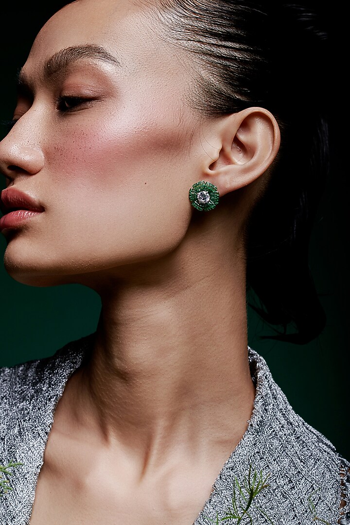 White Rhodium Finish Emerald Spinel Stone Floral Stud Earrings In Sterling Silver by MISS JO at Pernia's Pop Up Shop