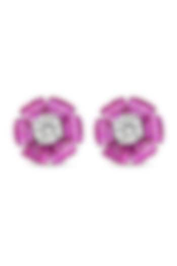 White Rhodium Finish Ruby Spinel Stone Floral Stud Earrings In Sterling Silver by MISS JO at Pernia's Pop Up Shop