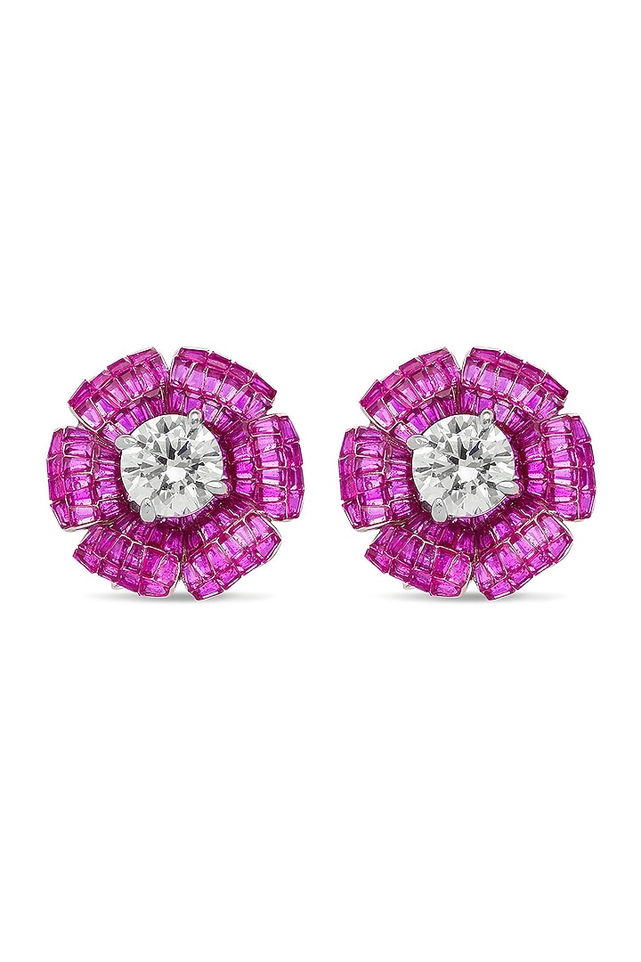 White Rhodium Finish Ruby Spinel Stone Floral Stud Earrings In Sterling Silver by MISS JO at Pernia's Pop Up Shop