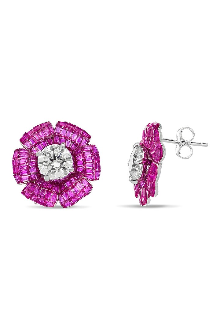 White Rhodium Finish Ruby Spinel Stone Floral Stud Earrings In Sterling Silver by MISS JO at Pernia's Pop Up Shop