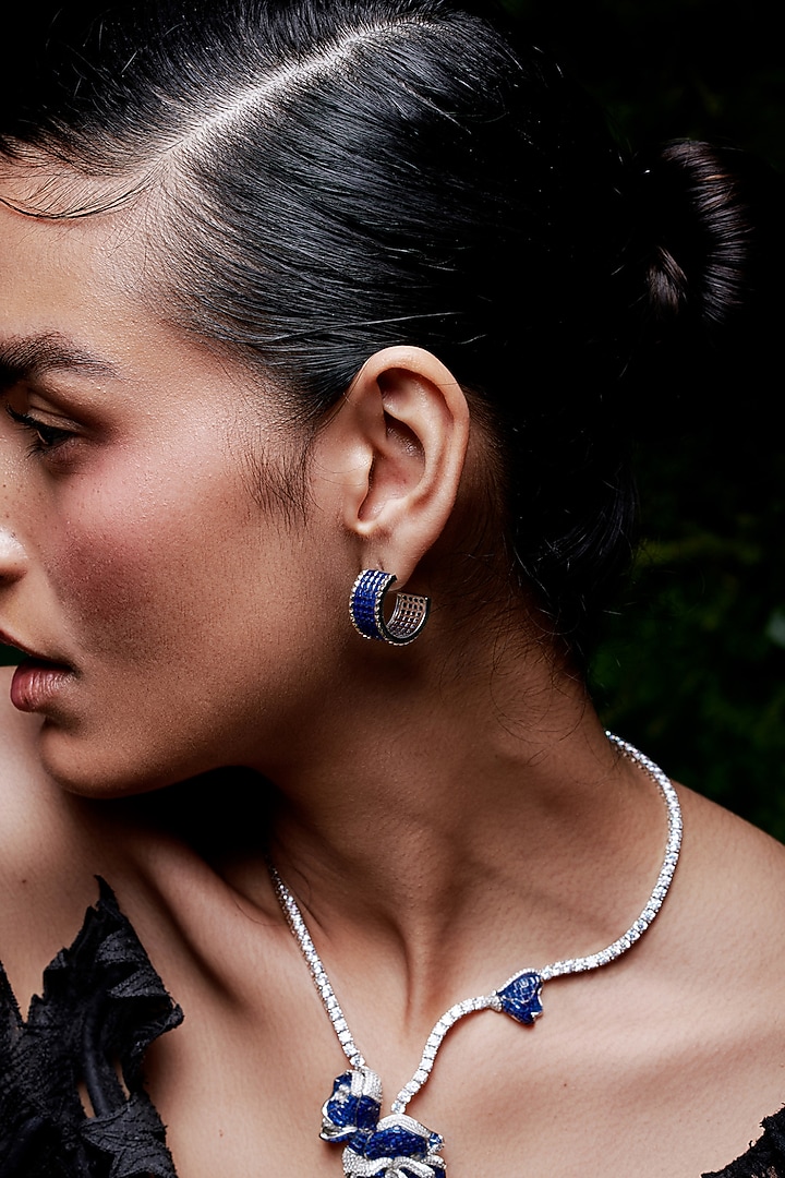 White Rhodium Finish Sapphire Spinel Stone Stud Earrings In Sterling Silver by MISS JO at Pernia's Pop Up Shop