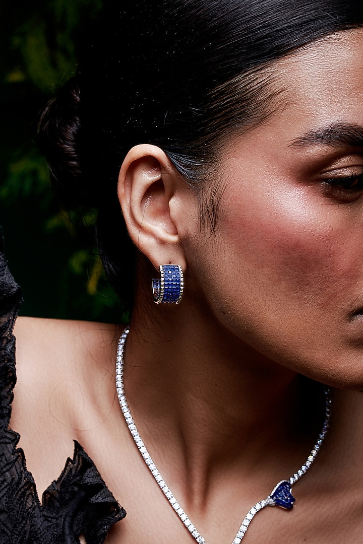 White Rhodium Finish Sapphire Spinel Stone Stud Earrings In Sterling Silver by MISS JO at Pernia's Pop Up Shop