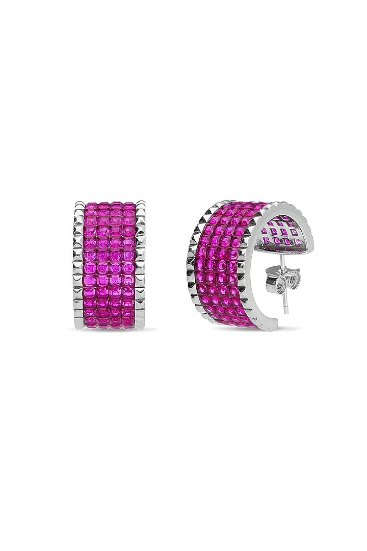 White Rhodium Finish Ruby Spinel Stone Stud Earrings In Sterling Silver by MISS JO at Pernia's Pop Up Shop