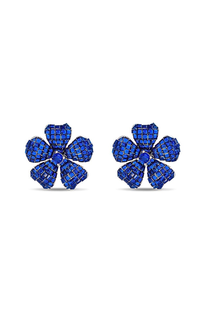 White Rhodium Finish Sapphire Spinel Stone Floral Stud Earrings In Sterling Silver by MISS JO at Pernia's Pop Up Shop