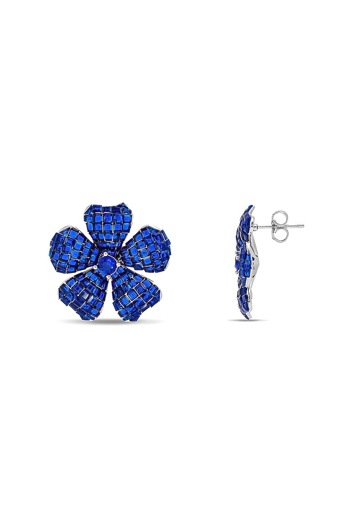 White Rhodium Finish Sapphire Spinel Stone Floral Stud Earrings In Sterling Silver by MISS JO at Pernia's Pop Up Shop