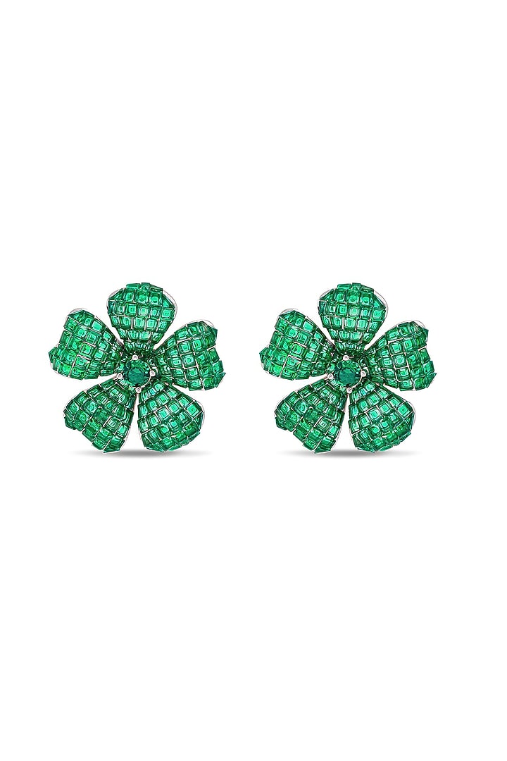 White Rhodium Finish Emerald Spinel Stone Floral Stud Earrings In Sterling Silver by MISS JO at Pernia's Pop Up Shop
