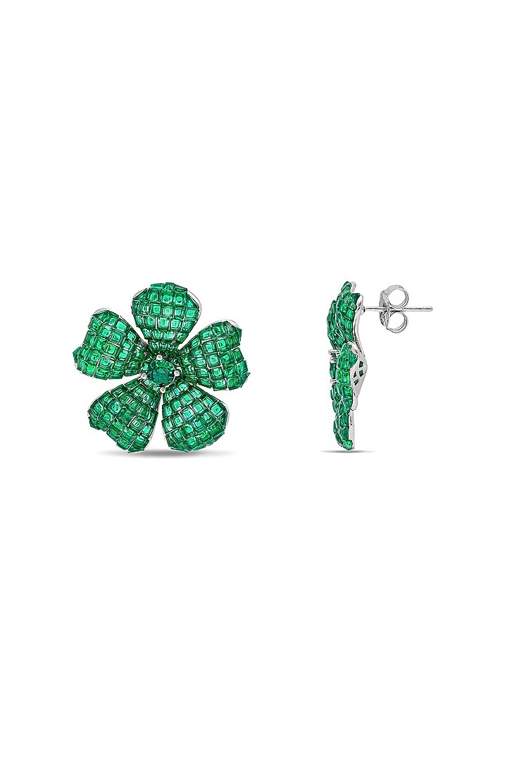 White Rhodium Finish Emerald Spinel Stone Floral Stud Earrings In Sterling Silver by MISS JO at Pernia's Pop Up Shop