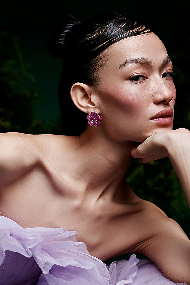 White Rhodium Finish Ruby Spinel Stone Floral Stud Earrings In Sterling Silver by MISS JO at Pernia's Pop Up Shop