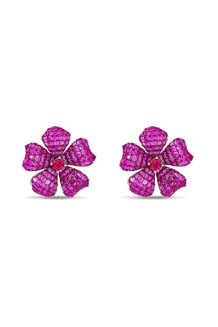 White Rhodium Finish Ruby Spinel Stone Floral Stud Earrings In Sterling Silver by MISS JO at Pernia's Pop Up Shop