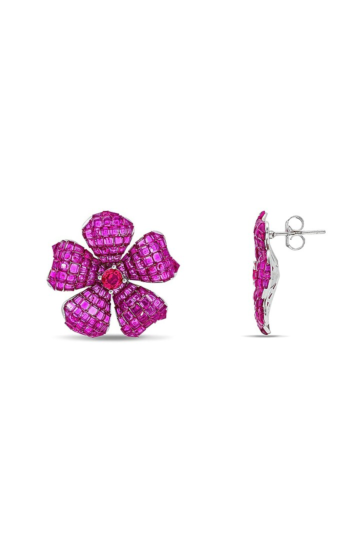 White Rhodium Finish Ruby Spinel Stone Floral Stud Earrings In Sterling Silver by MISS JO at Pernia's Pop Up Shop