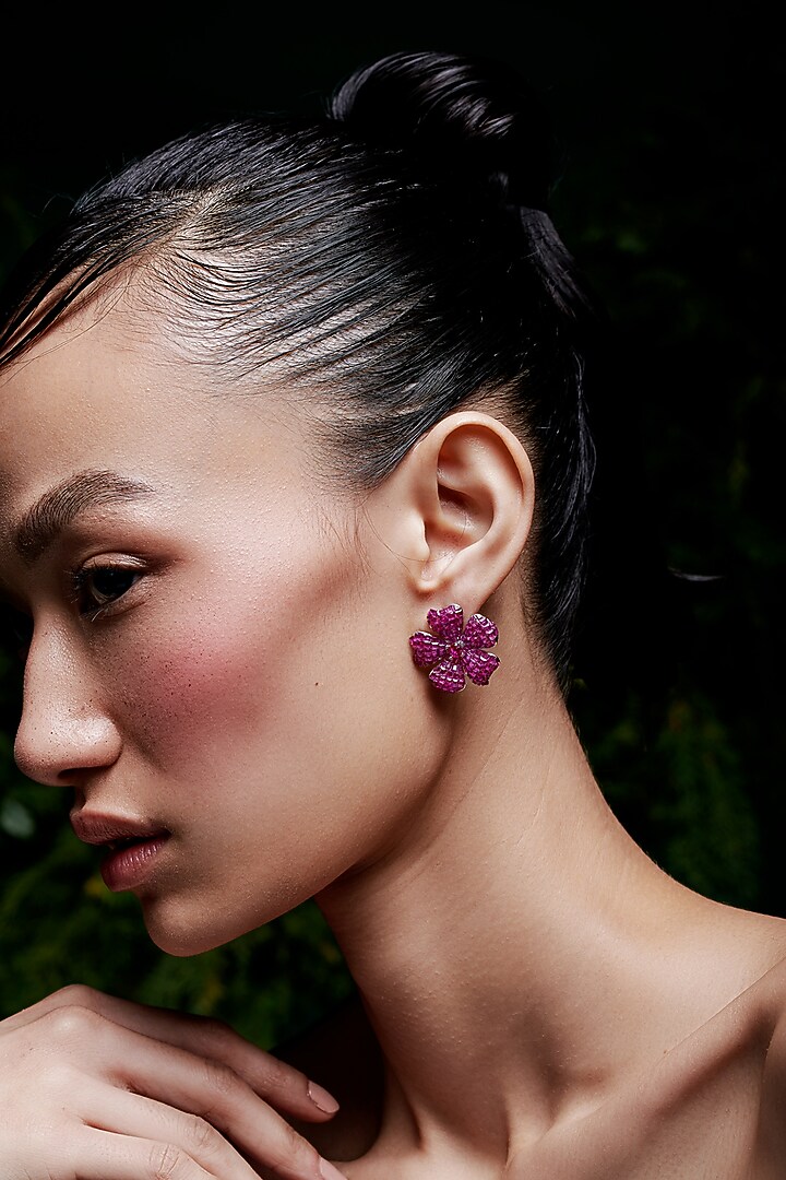 White Rhodium Finish Ruby Spinel Stone Floral Stud Earrings In Sterling Silver by MISS JO at Pernia's Pop Up Shop
