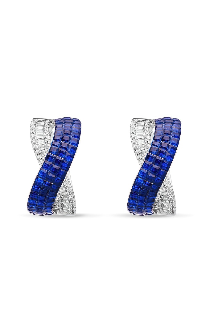 White Rhodium Finish Sapphire Spinel Stone Criss-Cross Stud Earrings In Sterling Silver by MISS JO at Pernia's Pop Up Shop