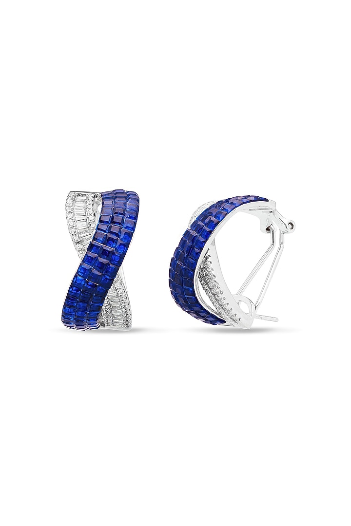 White Rhodium Finish Sapphire Spinel Stone Criss-Cross Stud Earrings In Sterling Silver by MISS JO at Pernia's Pop Up Shop